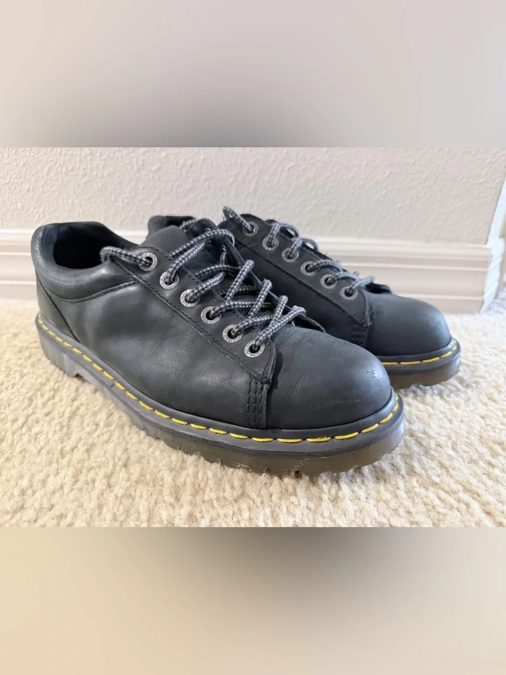 Dr. Martens Black Leather Low-Top Lace-Up Shoes with Yellow Stitching